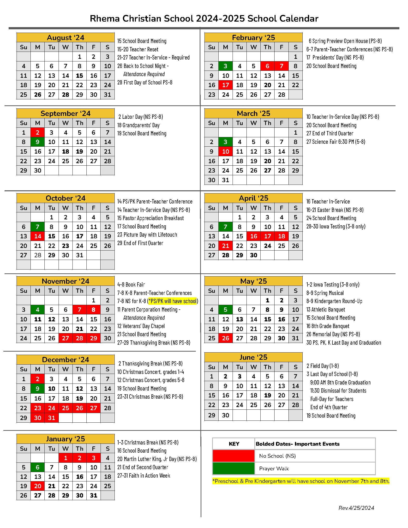 School Calendar Rhema Christian School